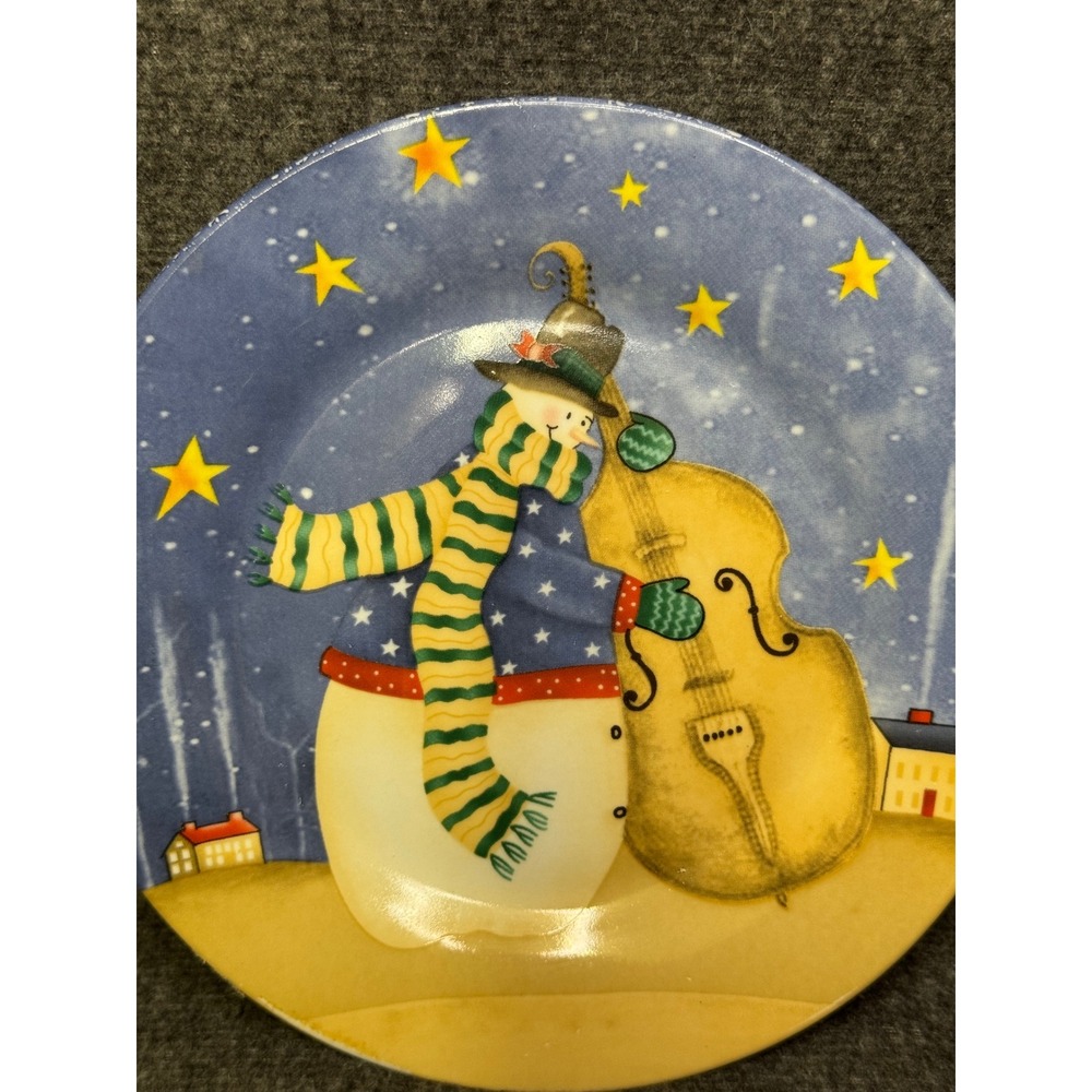 Snowman Cello Christmas Decorative Plate Blue Stars Winter Holiday Decor 8in